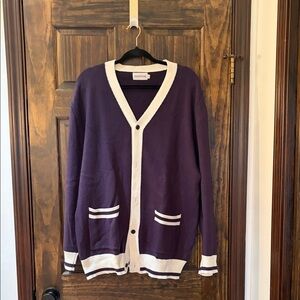 Elegant Navy Blue and White Cardigan Sweater